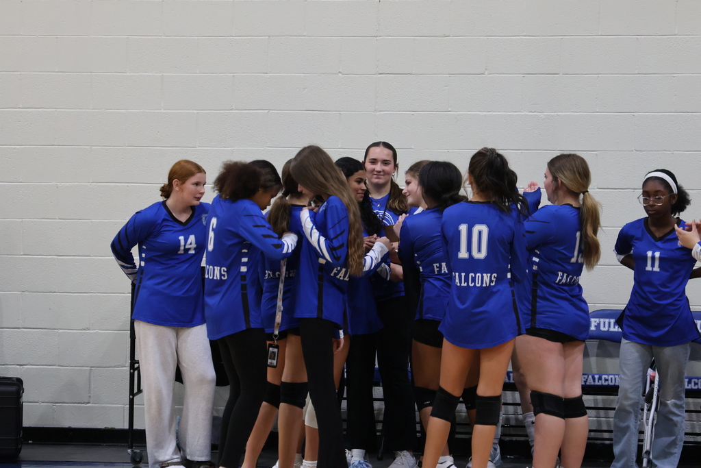 The Fulmer volleyball team is standing in a huddle during a timeout at the match.