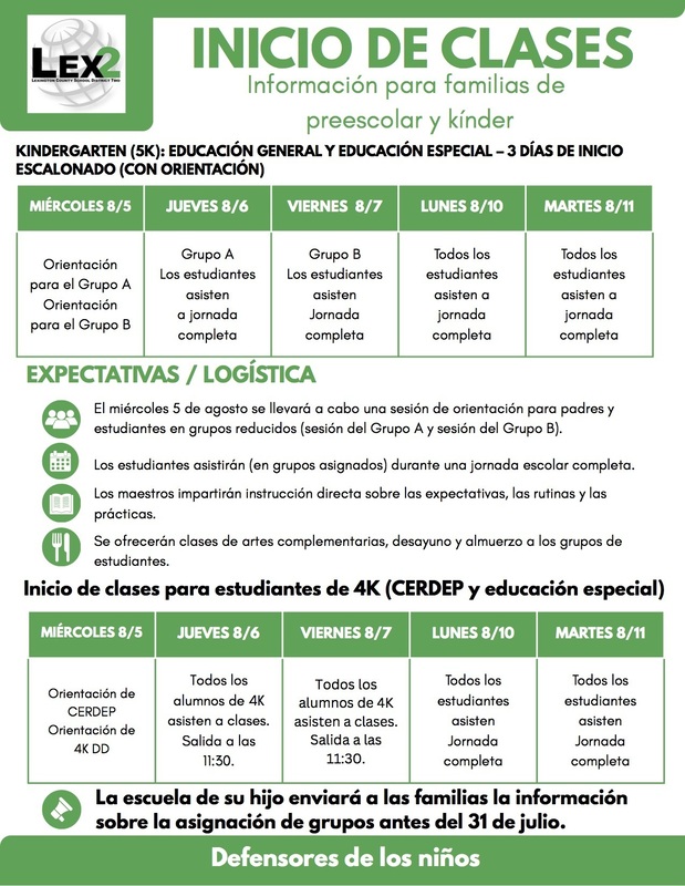 Start of School dates and times (Spanish language)