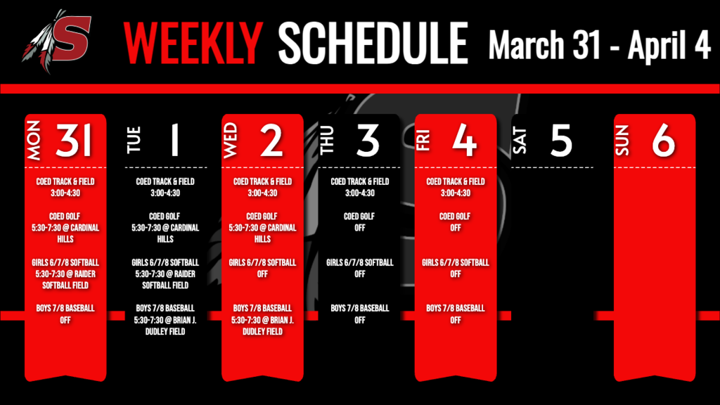 March 31 - April 4 Practice Schedule