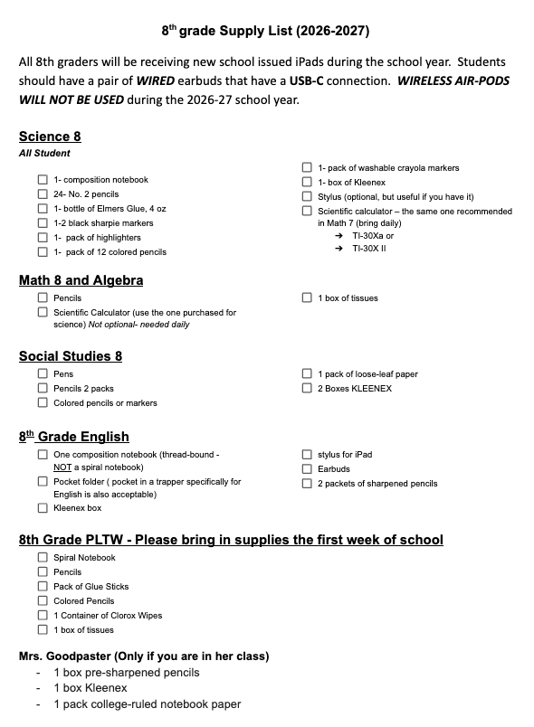 8th Grade Supply List