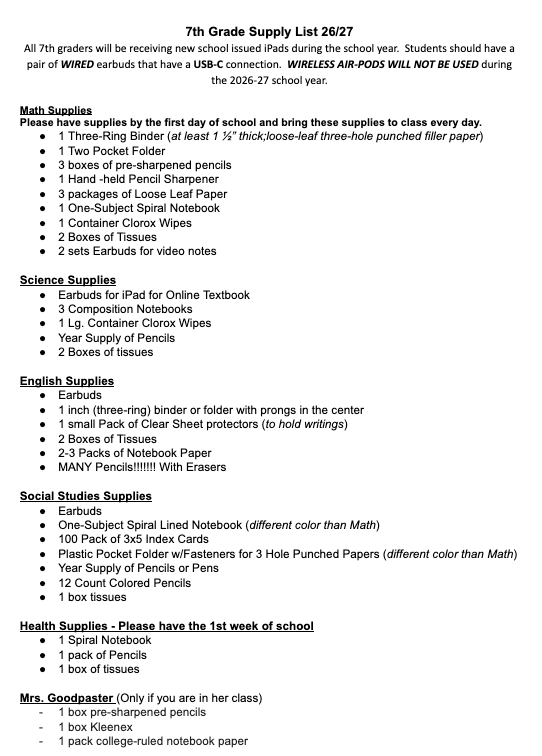 7th Grade Supply List