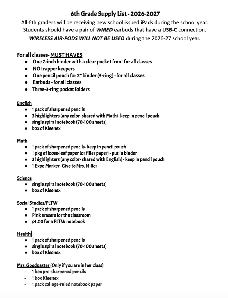 6th Grade Supply List