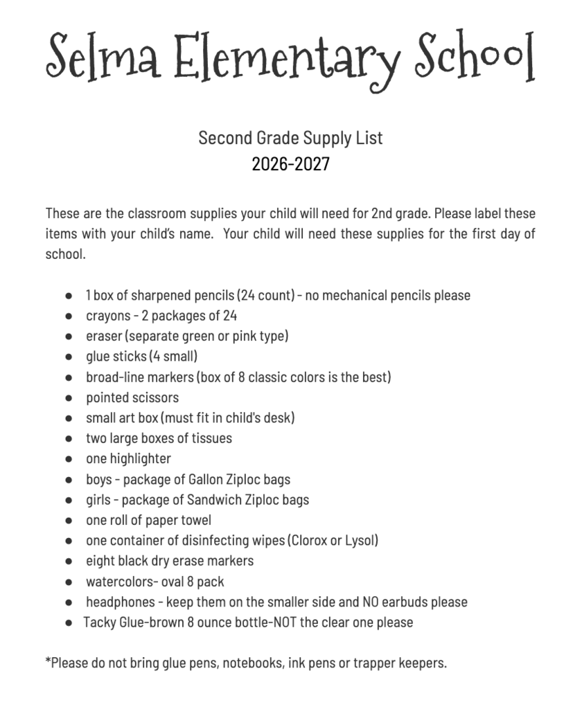 2nd Grade Supply List