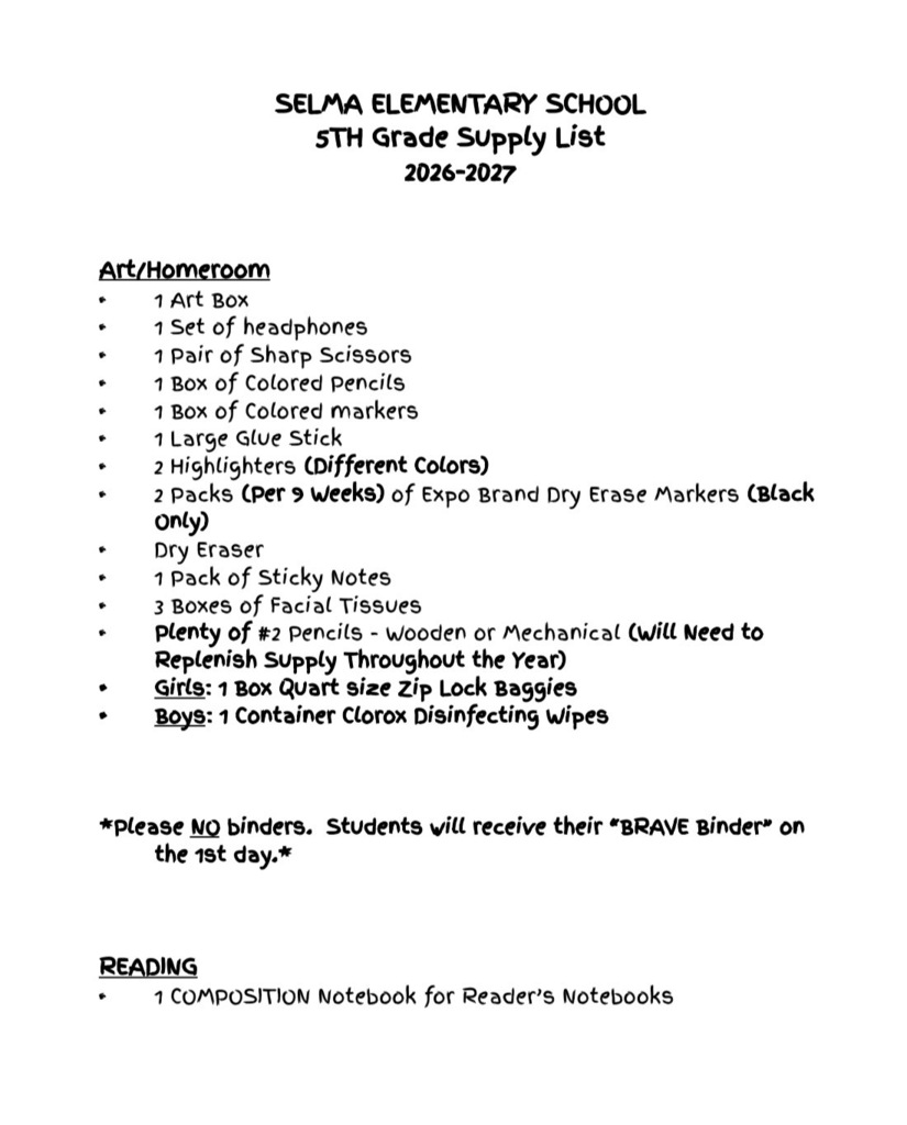 5th Grade Supply List