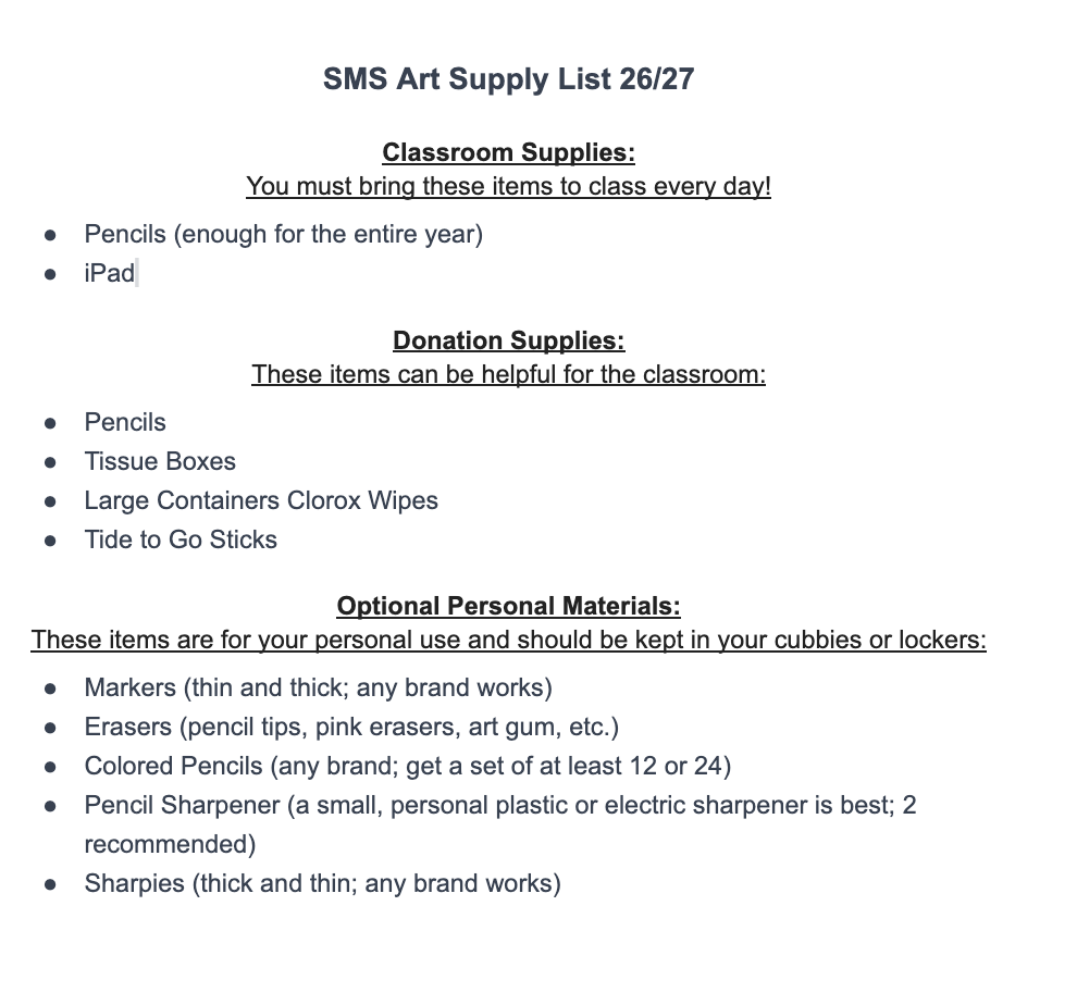 SMS Art Supply List