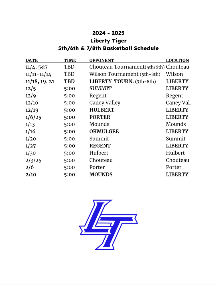 5th - 8th Basketball Schedule