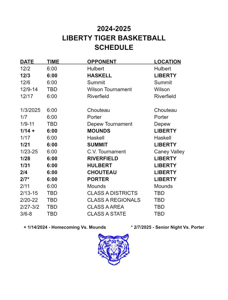 2024-2025 Varsity Basketball Schedule