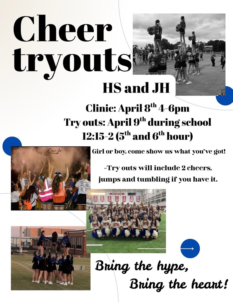 Cheer Clinic and Tryouts April 8th and 9th.