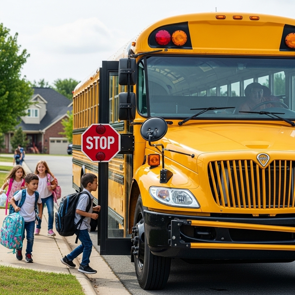 kids entering a stopped bus