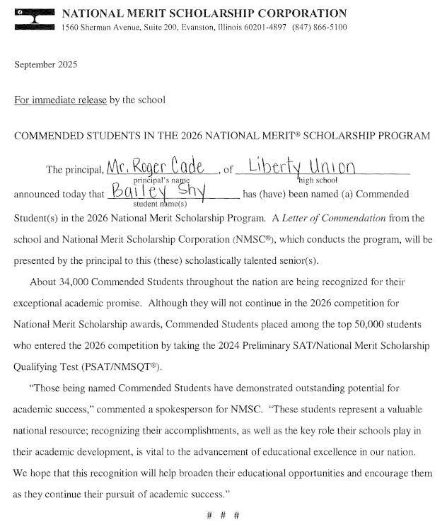 Bailey Shy, National Merit Commendation