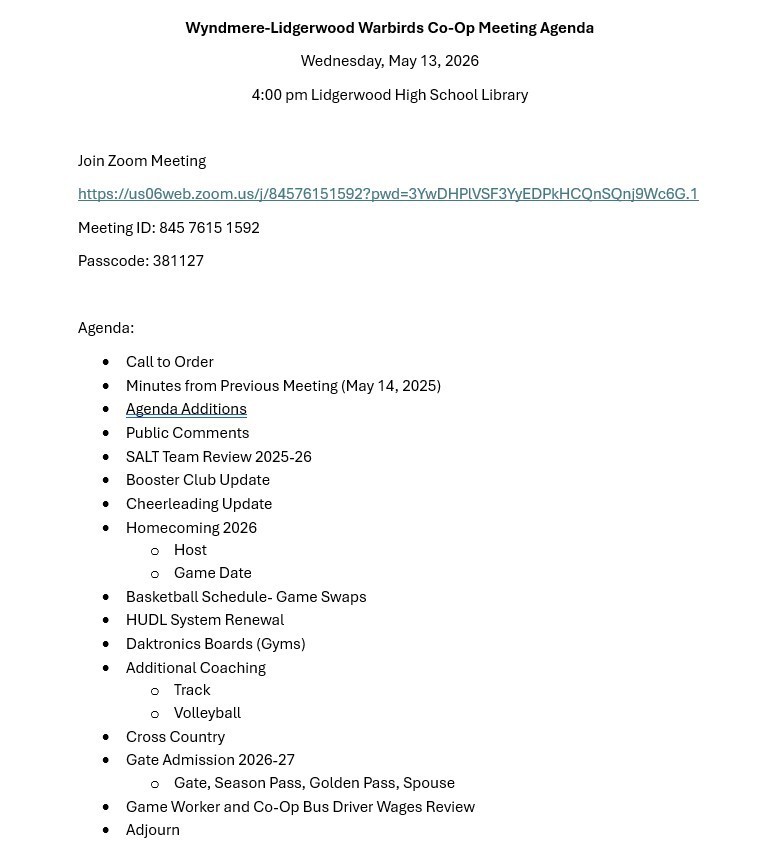 Warbird Co-op Agenda