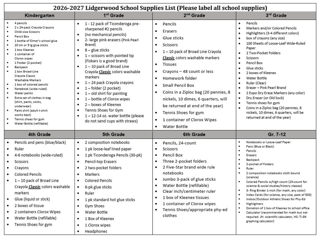 2026-27 School Supply List