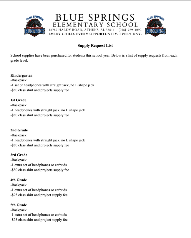 School Supply List