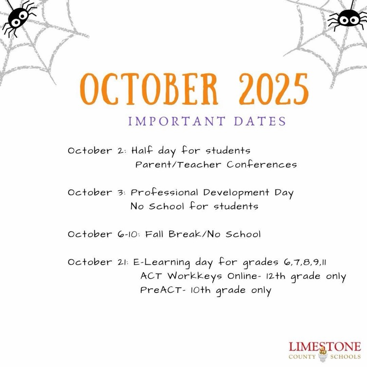 E-Learning for grades 6, 7, 8, 9 and 11 on Tuesday October 21, 2025.
