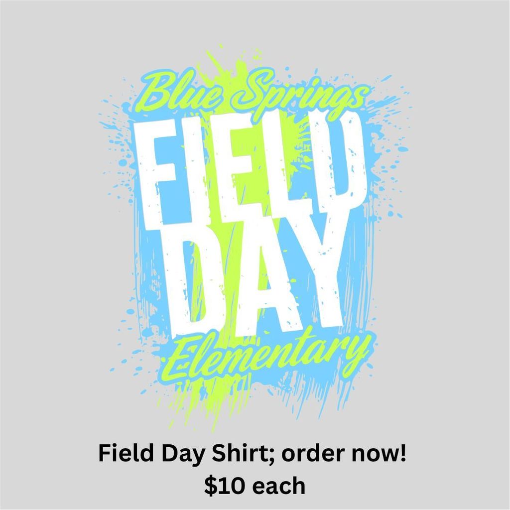 Light gray shirt with neon green and blue colors, white letter that says Field Day