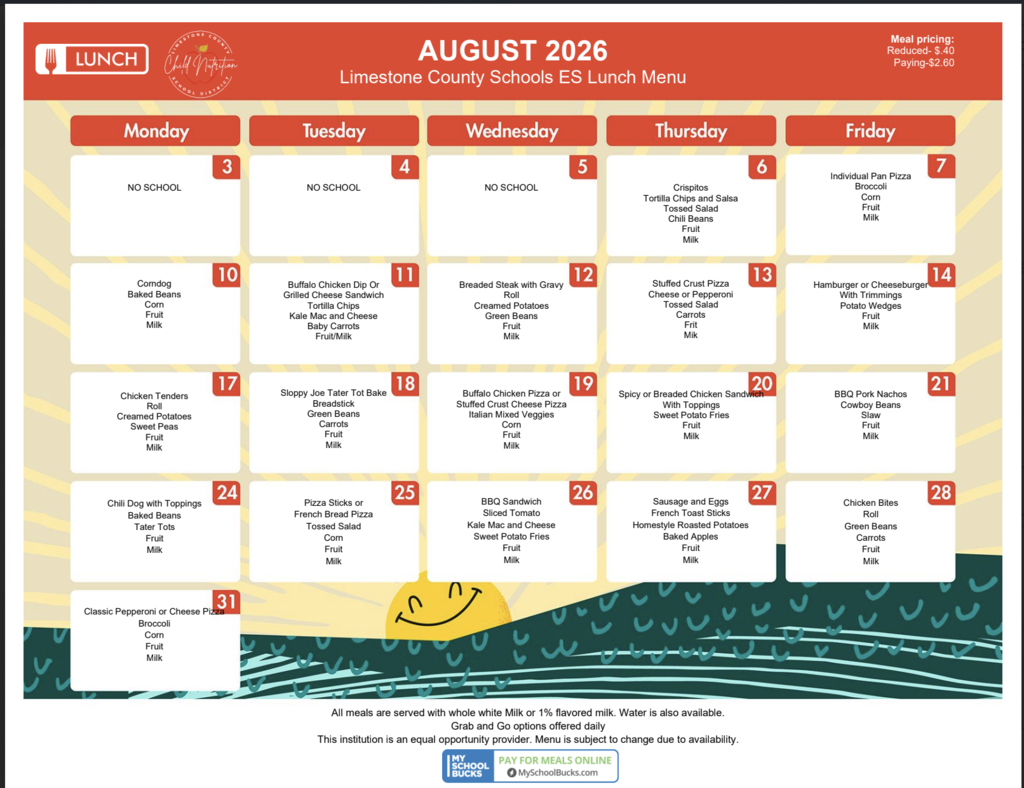 August Lunch Menu