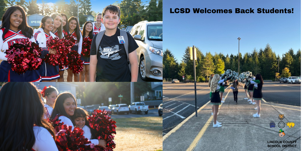 students walking to school with cheerleaders