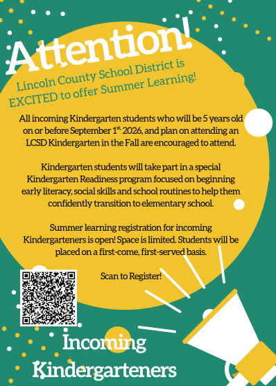 Attention! Flyer in green with a yellow circle and text describing how to register for summer school in English