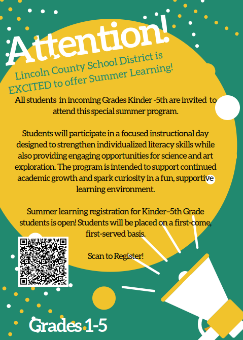 Green graphic with yellow circle announcing Summer learning registration