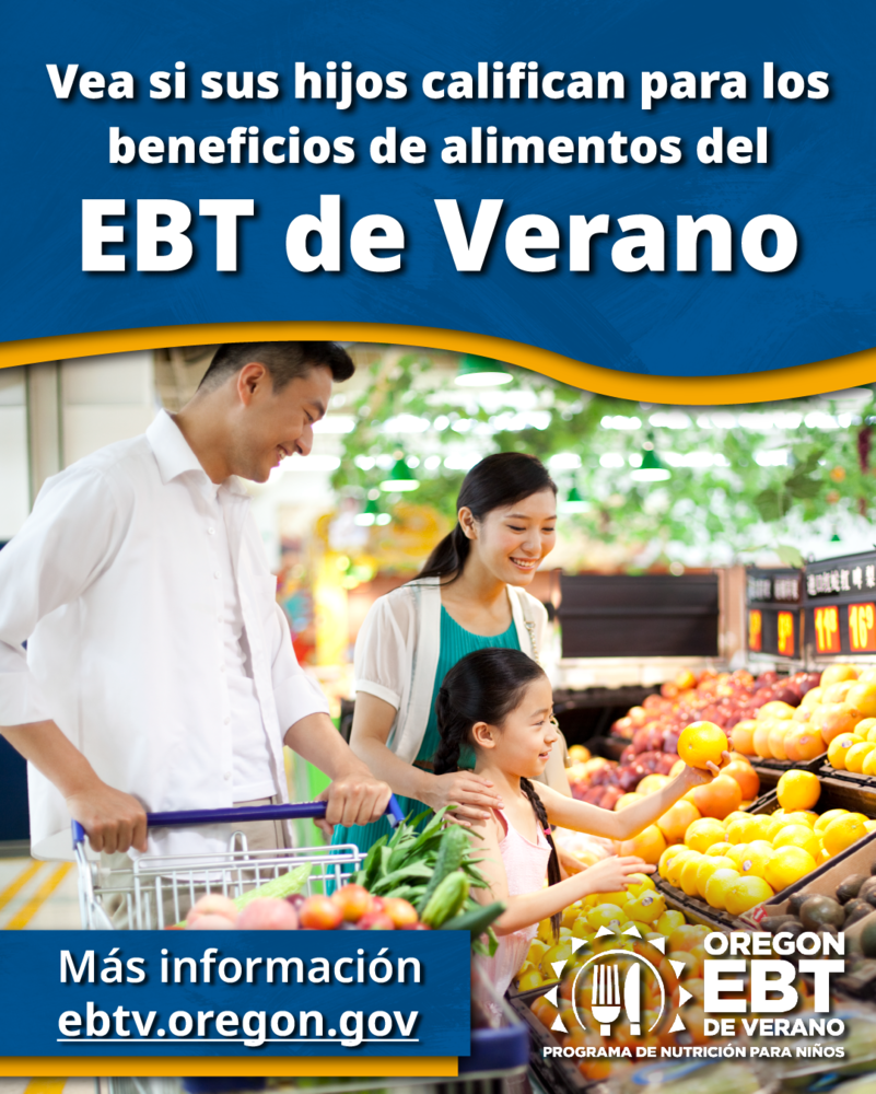 EBt flyer with two adults and a child shopping for fruit