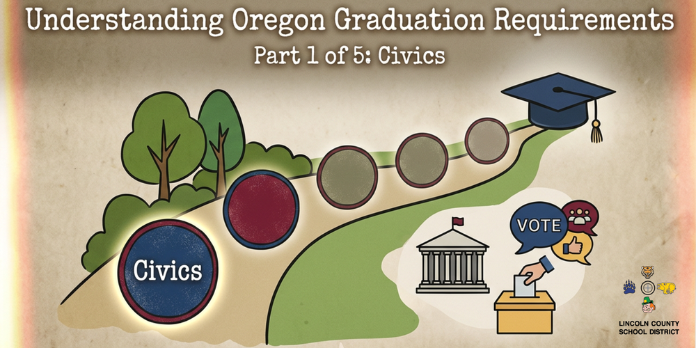 Cartoon path with five dots and a graduation cap at the end