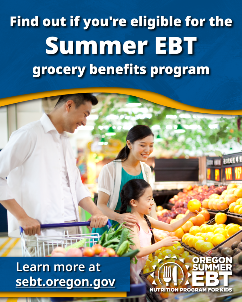 Summer EBT flyer with a child and parents looking at fruit