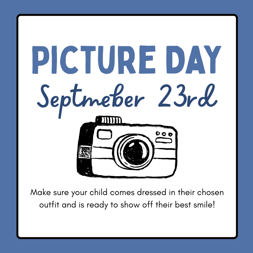 An announcement showing an image of a camera stating that picture day is September 23rd
