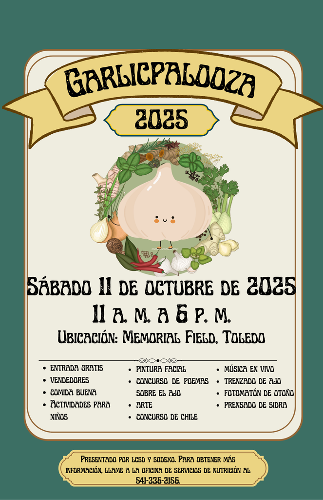 Informational flyers about October 11 Garlicpalooza event (English & Spanish)
