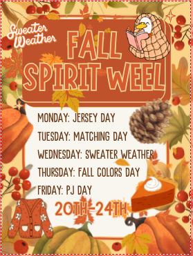 Lunes: Día del jersey (usa una camiseta o jersey deportivo divertido) Martes: Día de gemelos (vístete igual que tus amigos) Miércoles: Clima de suéter (usa un suéter cómodo) Jueves: Colores de otoño (usa colores como rojo, granate, amarillo, naranja, etc.) Viernes: Día de pijamas (usa un par de pijamas)
