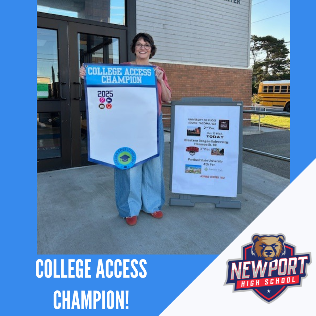 Melinda Dye with the NHS College Access Champion Banner
