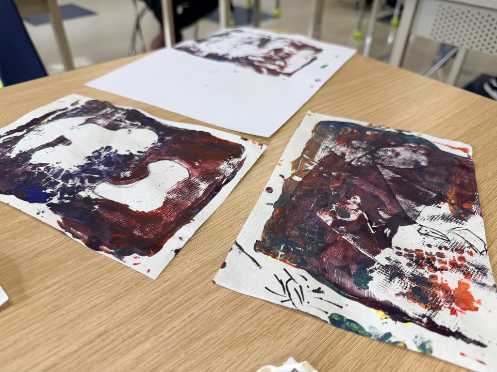 In this images there are three paintings using the monotype print technique.