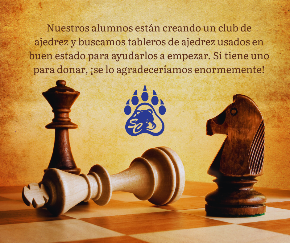Illustration of chess pieces, Request for chess board donations in Spanish