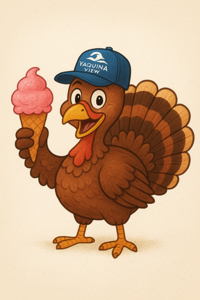 Turkey holding an ice cream cone and wearing a blue Yaquina View Elementary hat