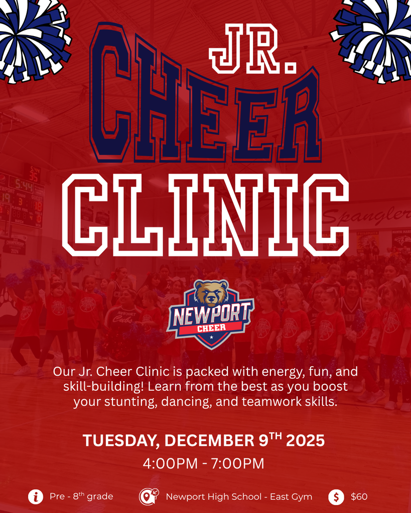 Red poster for Newport High JR. Cheer Clinic information. Blue and white pompoms in the top corners. Newport Cheer Logo in middle with Cub.