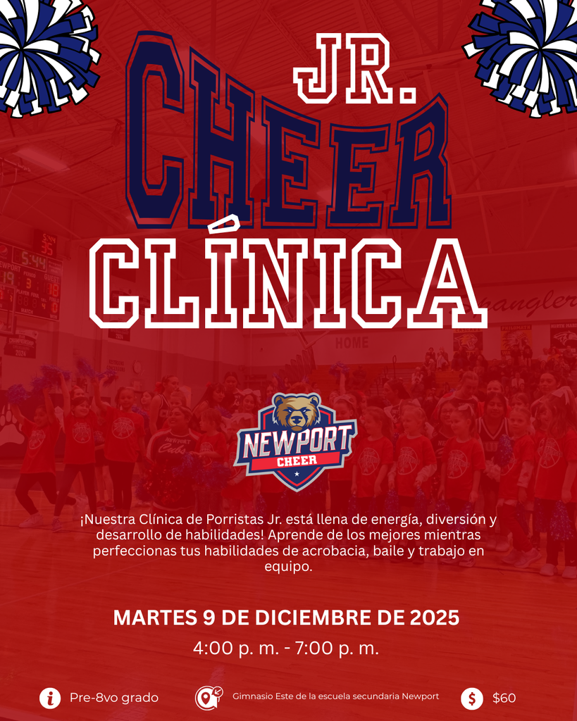 Póster rojo para la información de la Clínica de Animadoras Juveniles de Newport High. Pompones azules y blancos en las esquinas superiores. Logotipo de Newport Cheer en el centro con un cachorro.