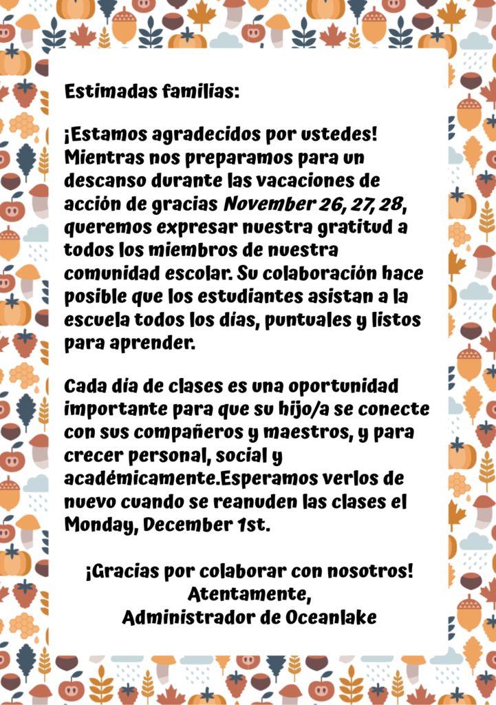 Attendance Note-Thanksgiving Break Sp