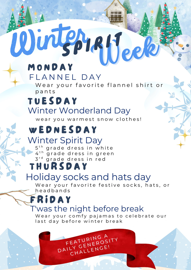Flier showing Spirit days in English