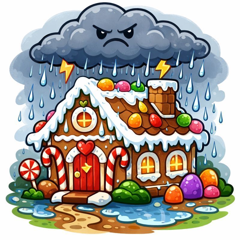Gingerbread house with rain and thunder cloud above it. 