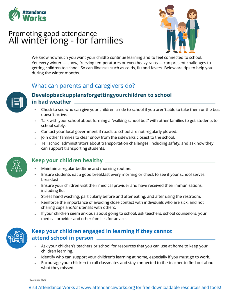 English copy of informational flyer for families on how to promote good attendance for their students during the winter months. 