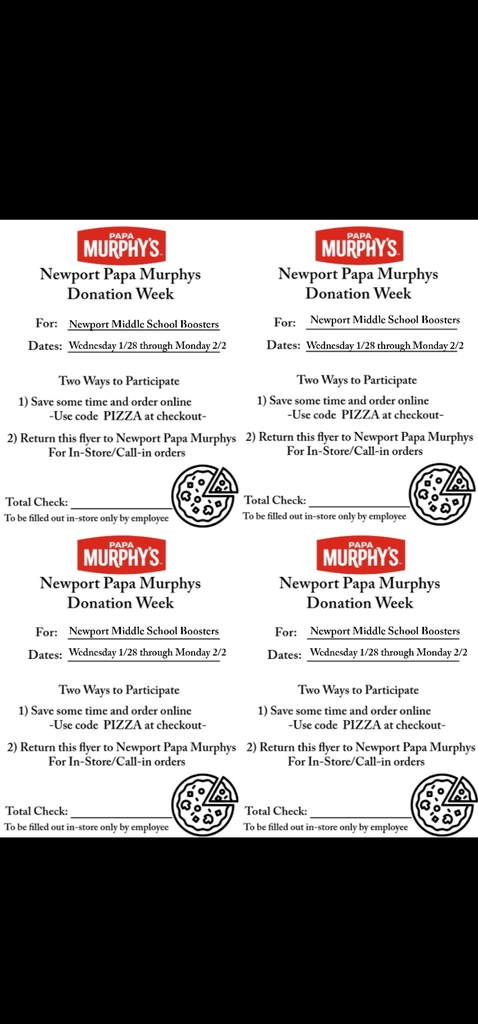 🍕 Dine Out for a Cause – Newport Middle School Boosters! 🍕 Dinner plans = DONE! 🙌 Support Newport Middle School Boosters by enjoying a delicious Papa Murphy’s pizza during Dine Out Week. 📅 January 28 – February 2 📍 Papa Murphy’s – Newport (514 N Coast Hwy) ✨ How it works: Order online or through the Papa Murphy’s app and use promo code PIZZA at checkout. ➡️ 35% of your purchase will be donated back to Newport Middle School Boosters! Every pizza helps support our students, programs, and school community—so skip cooking and make it a win-win 🍕💙 👉 Order online at papamurphys.com Don’t forget to use code PIZZA! Thank you for supporting NMS! 🐻💙