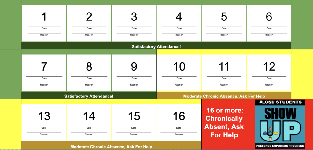 Green, Yellow, and Red LCSD Attendance tracker with  LCSD 'SHOW UP' graphic. 