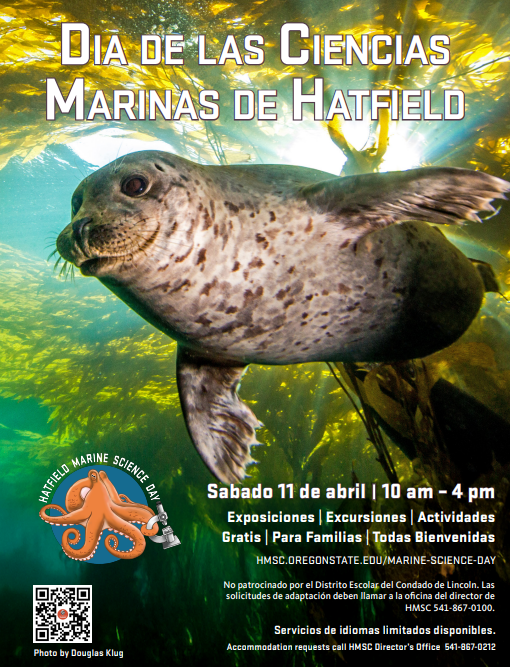 Underwater scene with a playful seal swimming through vibrant kelp. Text promotes Hatfield Marine Science Day, April 11, 10 am-4 pm, with family-friendly activities.