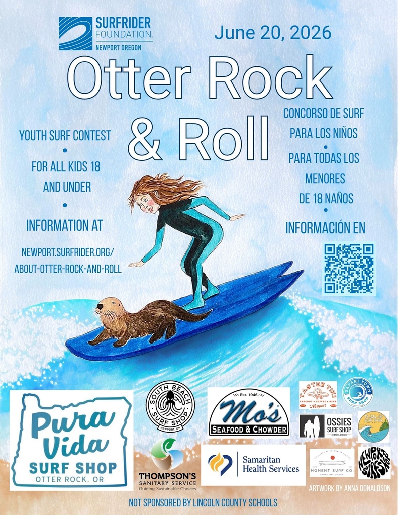 Flyer for Otter Rock & Roll youth surf contest on June 20th 2026. Drawing of a girl in a wetsuit on a surfboard with an otter. 