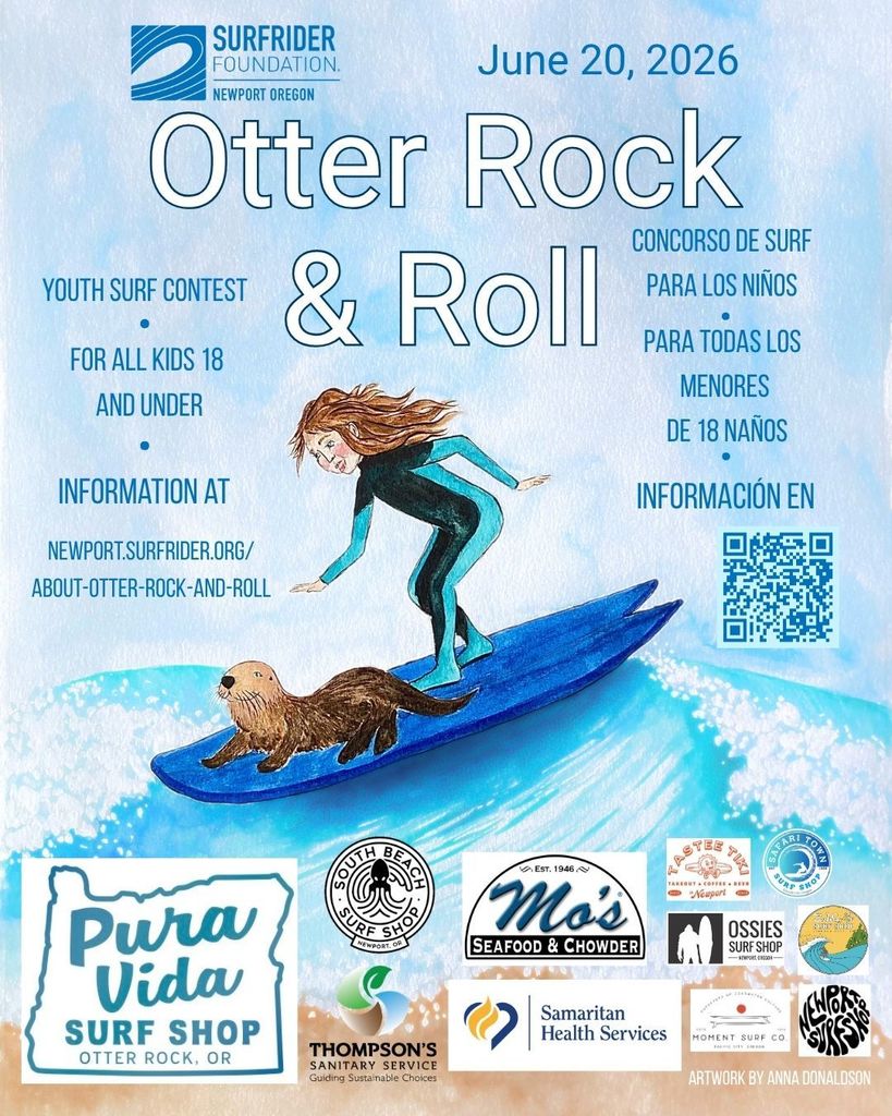 Illustrated poster for "Otter Rock & Roll" youth surf contest on June 20, 2026. Features a girl and otter surfing. Includes sponsor logos. Text in English and Spanish.