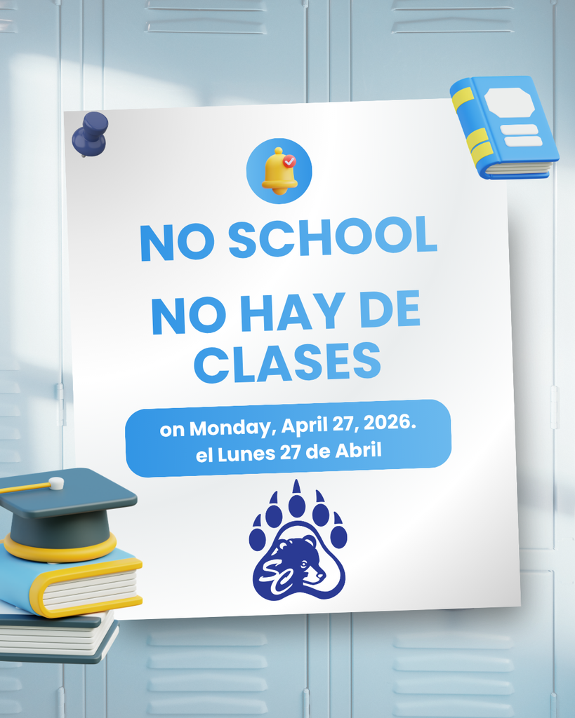 Poster showing cub logo saying no school monday 4/27/26