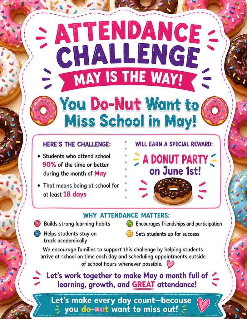 English copy of May attendance challenge. Explains that any student who attends school at least 90% of the Month of May (18 days or more) will receive a donut on June 1st. The flyer also includes basic information about why attendance matters a cute slogan stating 'You Do-Nut want to miss school in may!'