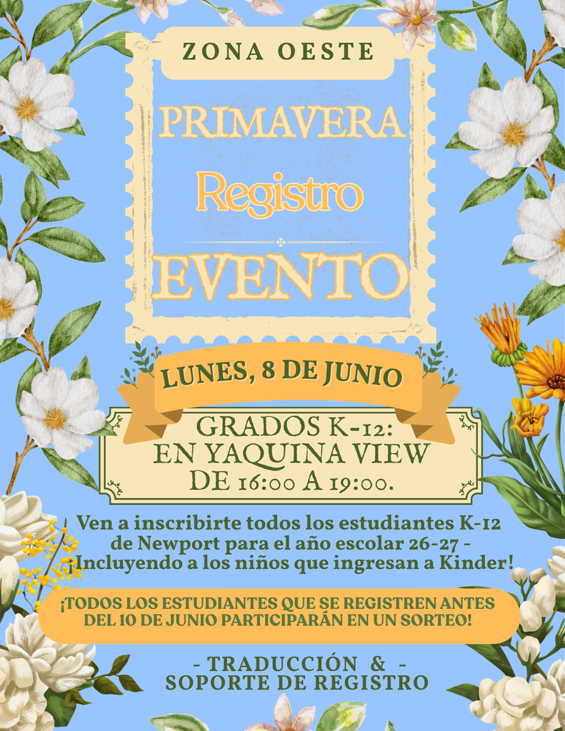 Zona Oeste Primavera Registro: Lunes, 8 de Junio, de 4 a 7 p. m.