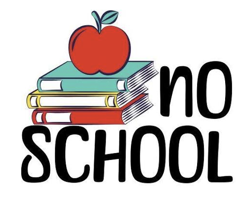 Stack of colorful books with an apple on top and the words "NO SCHOOL" in bold black letters