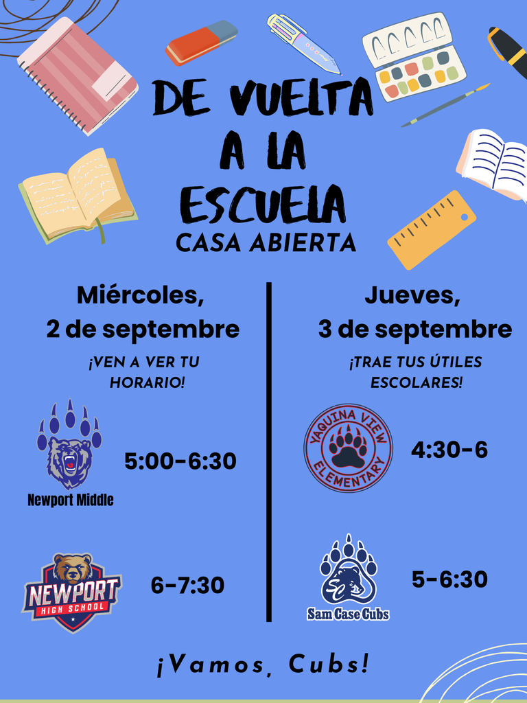 ¡Folleto azul con material escolar de colores y los logotipos de los colegios de la zona de Newport!