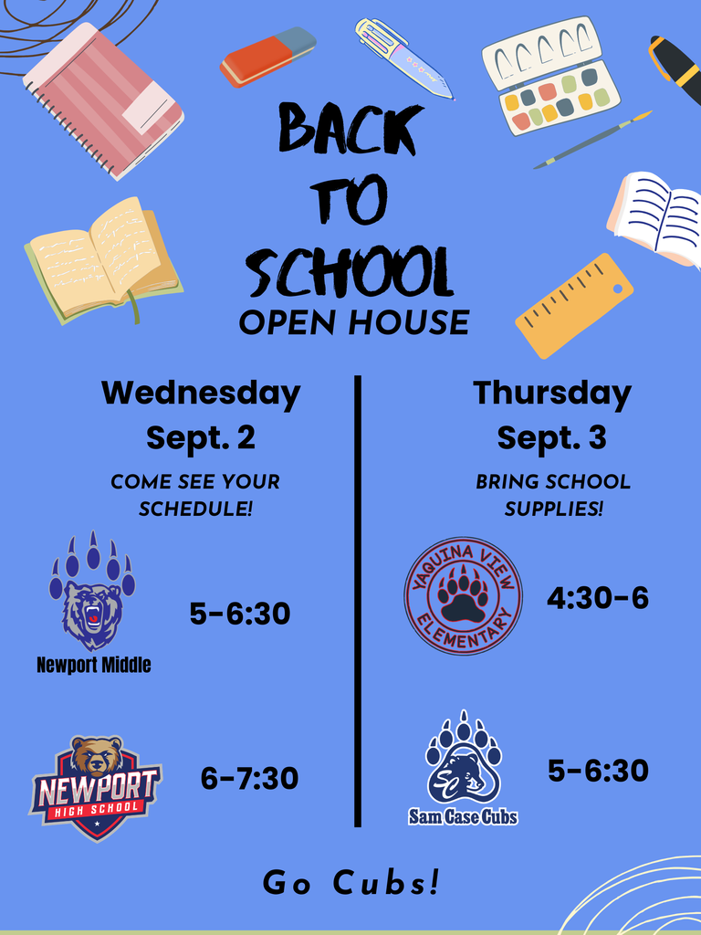 Blue flyer with colorful School Supplies and Newport area school logos!